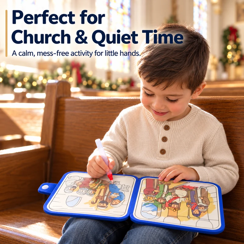 Children using a water reveal Bible story book at church